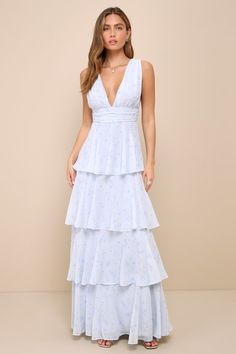 Amazing Evening Light Blue Floral Tiered Maxi Dress Wedding Welcome Party, Light Blue Floral Dress, Bride Attire, Best Wedding Guest Dresses, Wedding Party Outfits, Welcome Party, Dress With Pleats, Evening Light, Team Pictures