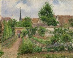 a painting of a garden with houses in the background