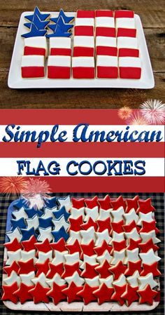 an american flag cookie is shown with the words simple american flag cookies on top and below