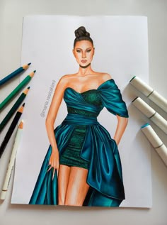 a drawing of a woman in a blue dress with her hand on her hip, surrounded by crayons