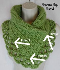 an image of a crochet scarf on a mannequin headpiece with points pointing to the point