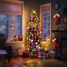 a brightly lit christmas tree in a living room