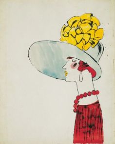 a drawing of a woman wearing a large hat with flowers on it's head