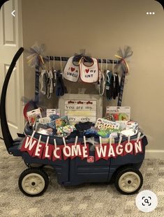 a wagon filled with items that say welcome wagon