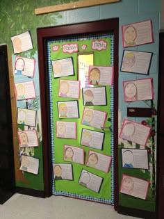 a classroom door decorated with papers and pictures on the front, along with other bulletin boards