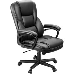 an office chair with black leather upholstered