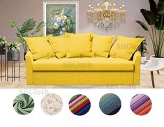 a living room filled with furniture and lots of different colored pillows on top of it