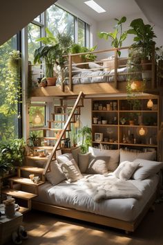 a living room filled with lots of furniture and plants on top of it's shelves