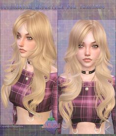 an animated image of a woman with long blonde hair wearing a purple plaid shirt and choker necklace