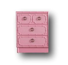 a pink dresser with three drawers and two rings on the bottom drawer, against a white background