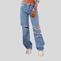 Take your mode to the next level with our 2023 Spring-Summer Collection's Grunge-inspired Straight Women's Light-Wash Jeans!Why You'll Love ItPerfect for the modern fashionista who loves to express her edgy side. this eye-catching piece from our Collection is patterned to make you stand out. With its high-waisted fit. distressed finish. and zipper & button closure. you're guaranteed to feel comfortable and look fabulous.Unmissable Highlight... Summer Light Wash Distressed Flare Jeans, Summer Distressed Light Wash Flare Jeans, Summer High Rise Distressed Flare Jeans, Trendy Light Wash Distressed Bottoms, Trendy Non-stretch Jeans, Mid-rise Distressed Flare Jeans For Summer, Ripped Fitted Flare Jeans For Summer, Summer Light Wash Denim Flare Jeans, Summer Ripped Fitted Flare Jeans