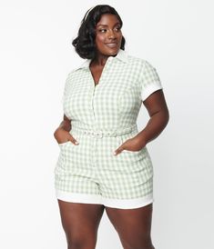 Unique Vintage Plus Size Sage & White Gingham Patsy Romper Plus Size Short, 70s Plus Size Fashion, Cape Sweater Ponchos, Wrap Dress Casual, Uv Clothing, Winter Coat Parka, 1950s Outfits, Vintage Romper, Pin Up Outfits