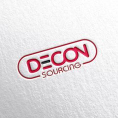 a white and red logo with the word decon sourcing on it's side