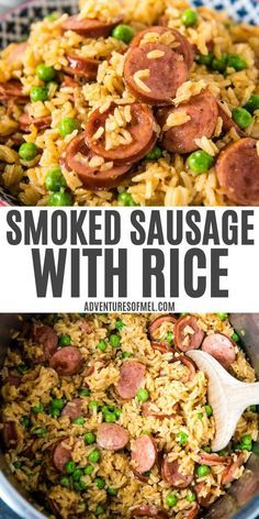 two pictures showing different types of rice with sausages and peas in the middle, on top