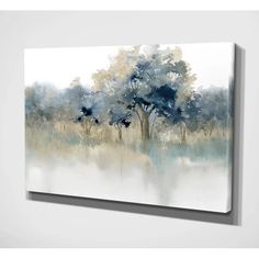 an abstract painting with trees and watercolors on the wall in a white room