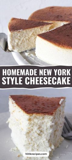 homemade new york style cheesecake on a white plate with text overlay that reads homemade new york style cheesecake