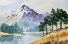 a painting of a mountain lake and trees