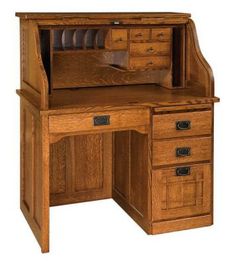 a wooden desk with drawers and a chair