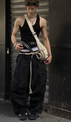 Tactical Streetwear Fashion, Men’s Streetwear Fashion 2023, Retro Male Outfits Aesthetic, Minimalist Futuristic Fashion Men, Yk2 Male Outfits, Mens Subversive Fashion, Rope Belt Outfit, J Fashion Men, Layer Outfits Men