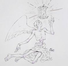 a drawing of an angel sitting on top of a person's head with his hands in the air