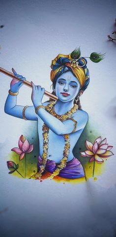 a painting of a hindu god holding a stick in his hand and playing the flute