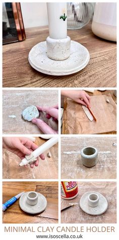 the process for making a clay candle holder is shown in four different pictures, including one with