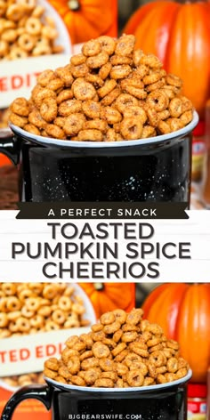 there are two pictures of toasted pumpkin spice cheerios