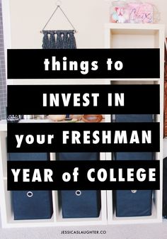 a white bookcase filled with books next to a black and white sign that says things to invest in your freshman year of college