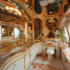 the bathroom is decorated in gold and white with mirrors on the walls, along with two toilets