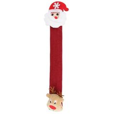 a red pole with a santa clause on it and a reindeer head hanging from the top