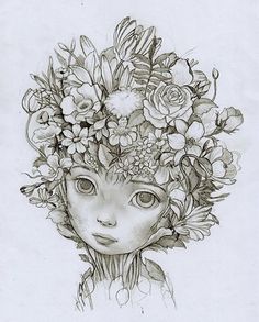 a drawing of a woman's face with flowers in her hair and the words foto above it