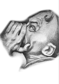 a black and white drawing of a man's face with his hands to his mouth