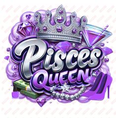 the logo for pisces queen is shown in purple and silver with diamonds on it