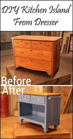 an old dresser is transformed into a kitchen island from dressers and other things to make it