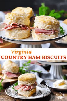 two plates with sandwiches on them and the words virginia country ham biscuits above