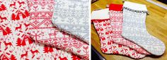 two pictures of christmas stockings on the floor, one is red and white with snowflakes