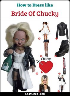 an advertisement for the bride of chucky doll is shown with pictures of her outfits and accessories