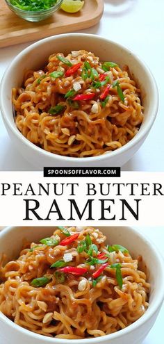 two bowls filled with peanut butter ramen on top of a white table next to a cutting board