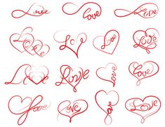 many different types of hearts with the word love written on them in cursive writing