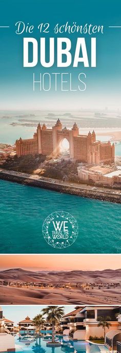 the front and back cover of a hotel in dubai, with an ocean view behind it