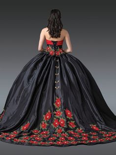 DQ1934 Strapless Quinceanera Dress with Embroidered Floral Bodice, Layered Ruffled Skirt, and Butterfly Accent, this dress is on 3pcs set Black And Red Quinceanera Dresses, Sweetheart Corset, Quinceañera Dresses, Red Quinceanera Dresses, Gown Skirt, Ball Gown Skirt, Quinceanera Dress, Corset Bodice, Ruffled Skirt