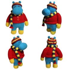 three crocheted stuffed hippos wearing sweaters and hats, one with a scarf around his neck