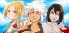 three anime characters are standing together in front of a blue sky with clouds and one has his hand up to the camera