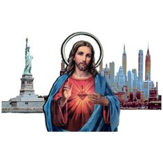 the statue of liberty and jesus holding a heart in front of new york cityscape