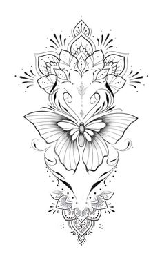 a black and white drawing of a butterfly with intricate designs on it's wings