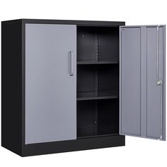 an empty metal storage cabinet with its door open and shelves in the middle, on a white background