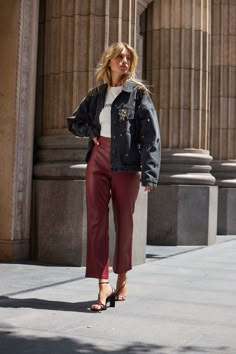 Refined Edgy Style, Brown Vegan Leather Pants Outfit, Wine Leather Pants Outfit, Burgundy Faux Leather Pants Outfit, Outfit Ideas Edgy Street Chic, Women’s Thanksgiving Outfit, Maroon Leather Pants Outfit, Wine Pants Outfit, Burgundy Leather Pants Outfit