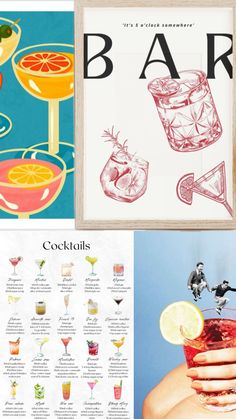 an image of various cocktails and drinks on the menu for a restaurant or bar