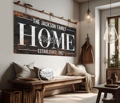 a wooden sign that says the jackson family home established 1897 hangs on a wall in a living room