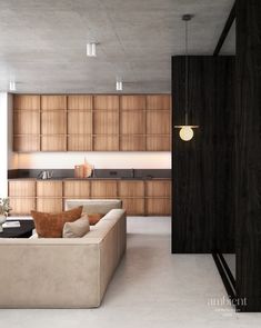 a living room filled with furniture next to a wooden cabinet and counter top freezer